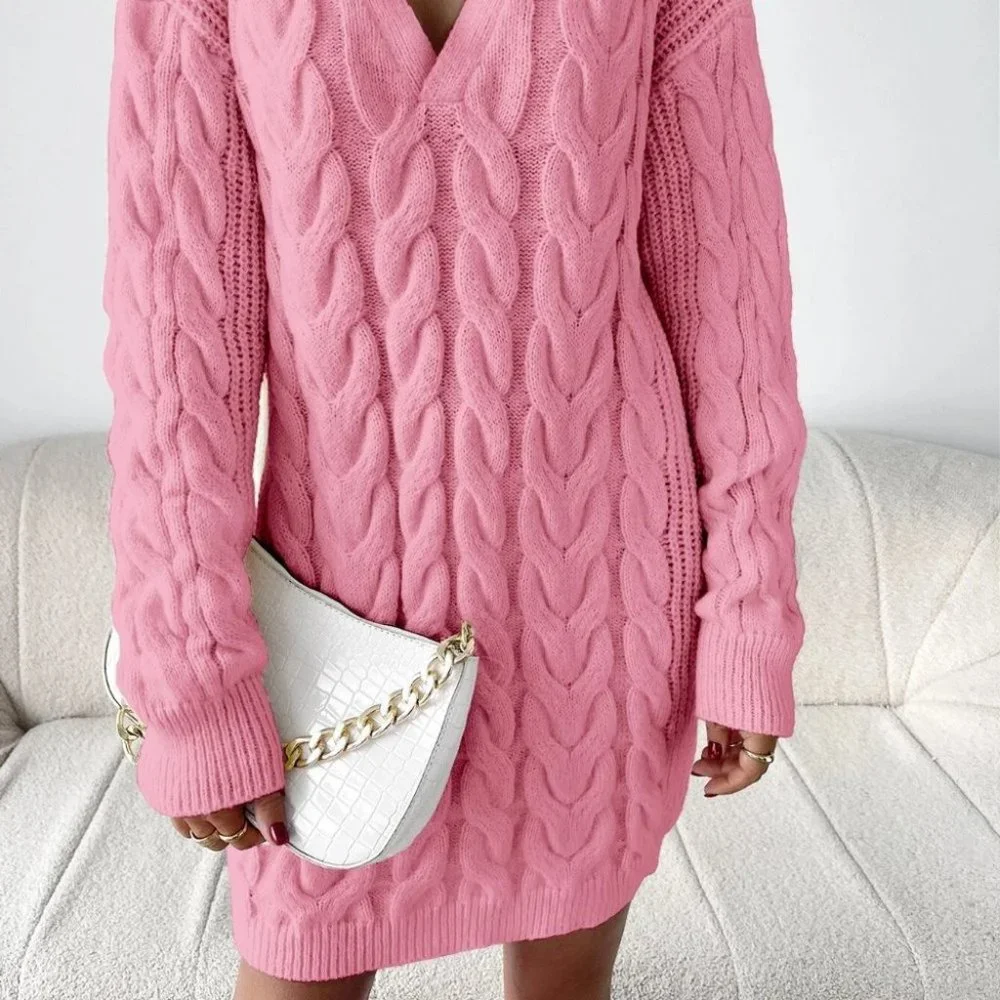 Pink Preppy Womens Cable Knit Sweater Dress - Picture 5 of 5